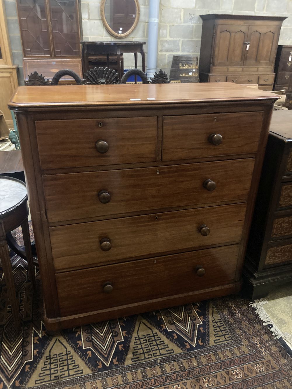 A large Victorian mahogany five drawer chest of drawers, width 120cm depth 50cm height 119cm